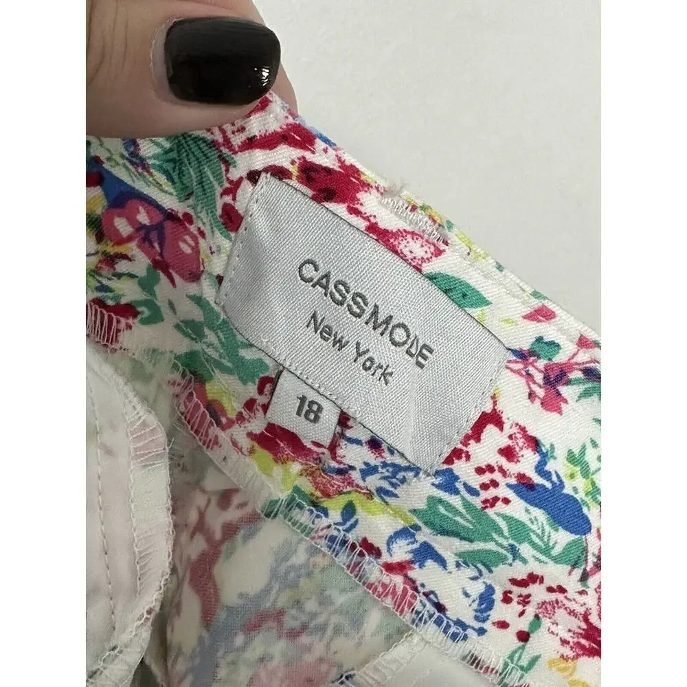 Cassmode New York White Floral Pants Chinos Crop Stretch Cotton Capri Sz 18 New - Picture 3 of 6